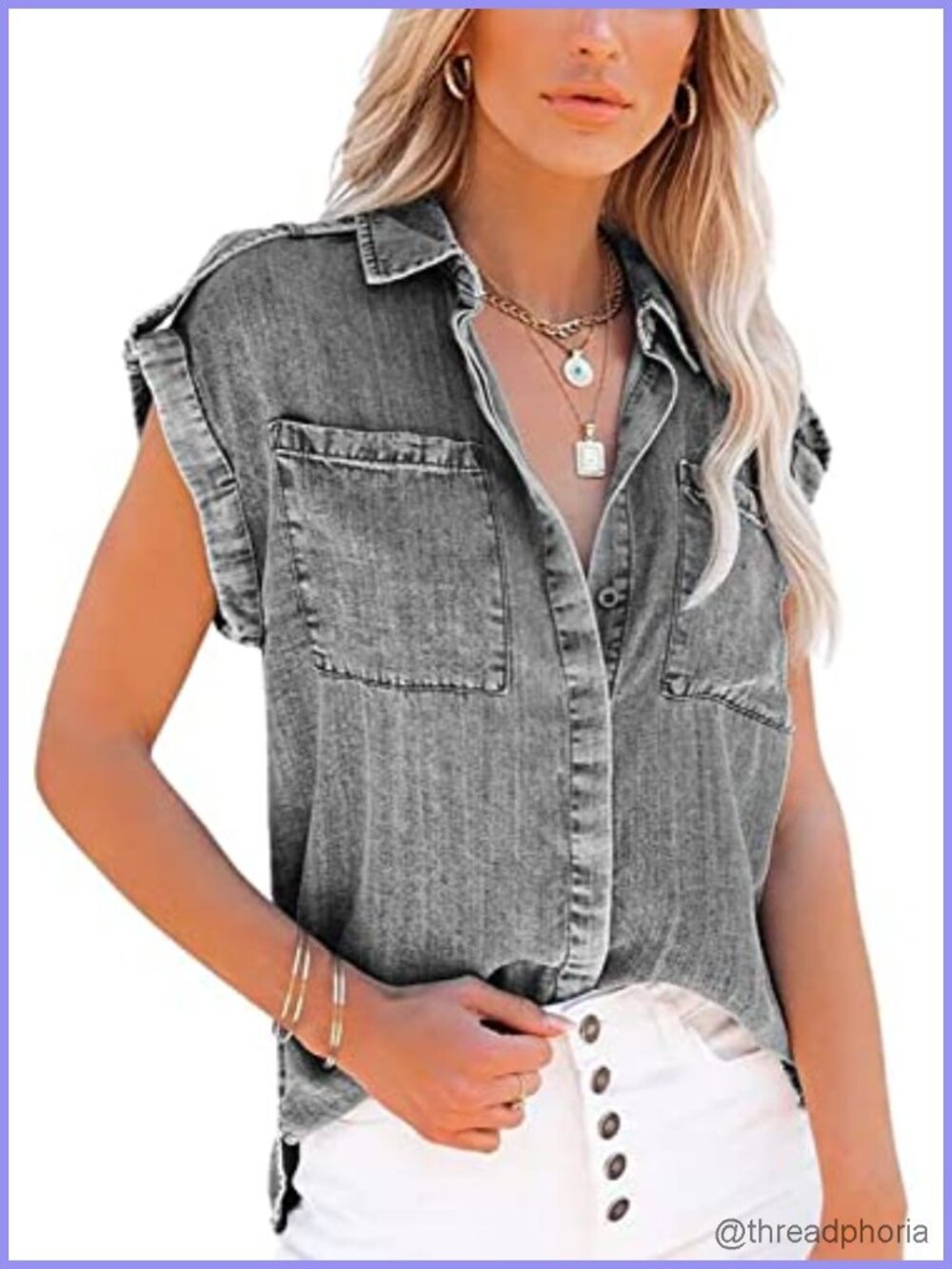 Women's Sleeveless Button Down Denim Shirt with Cuffed Hem and Pockets